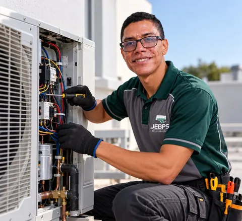 Técnico da Jebps fazendo manutenção na condensadora de um ar-condicionado no DF